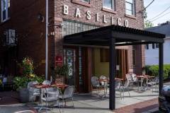 Millburn, New Jersey, USA - June 15, 2020: Basilico restaurant readys outdoor table service on the first day of Coronavirus Pandemic Phase 2 reopening.